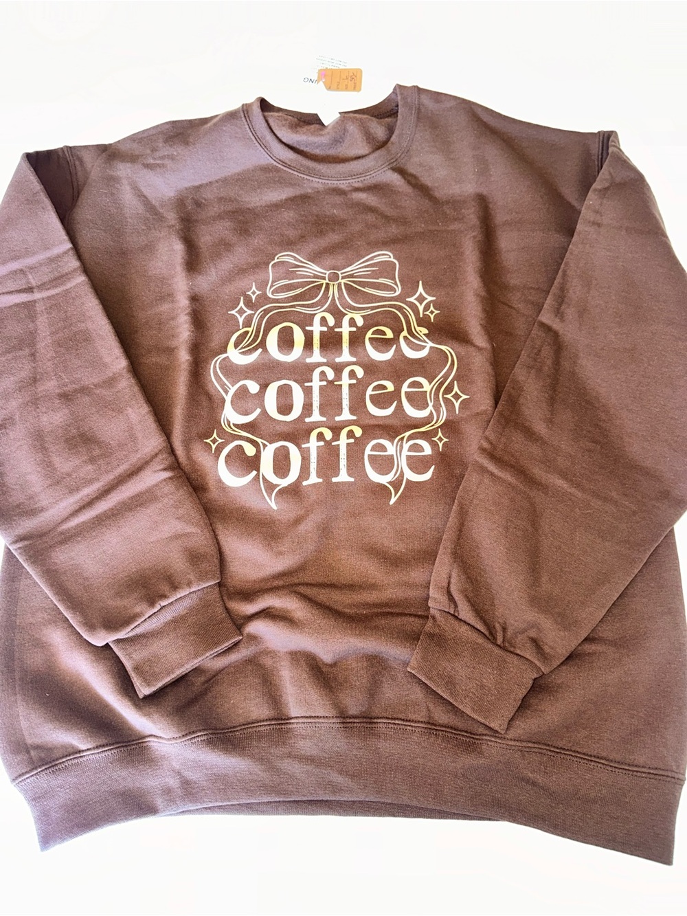 Brown Sweatshirt with White Coffee Graphic and Bow